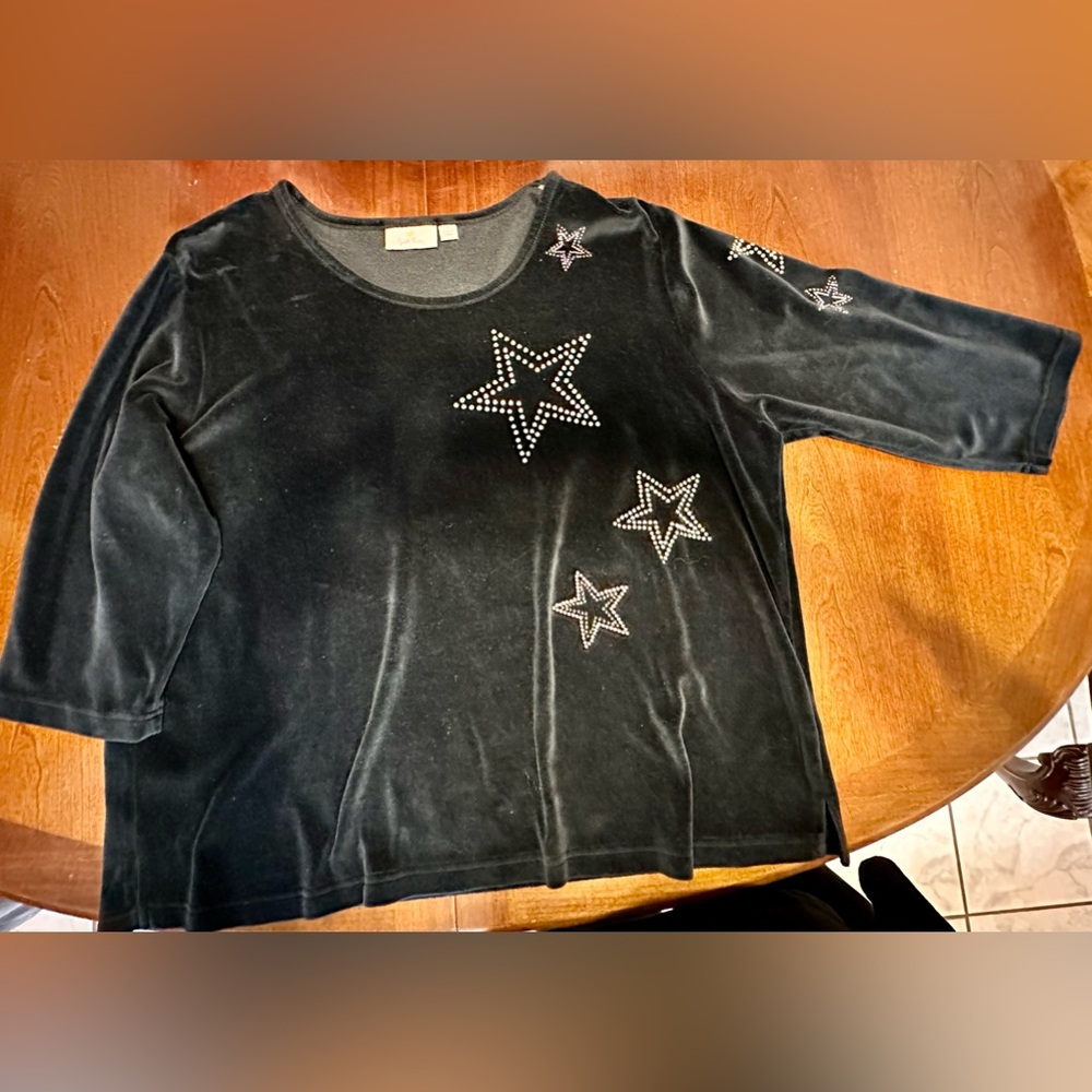 Quacker Factory Black Velour Silver Gold Bling Star Top Blouse Sweatshirt 2X